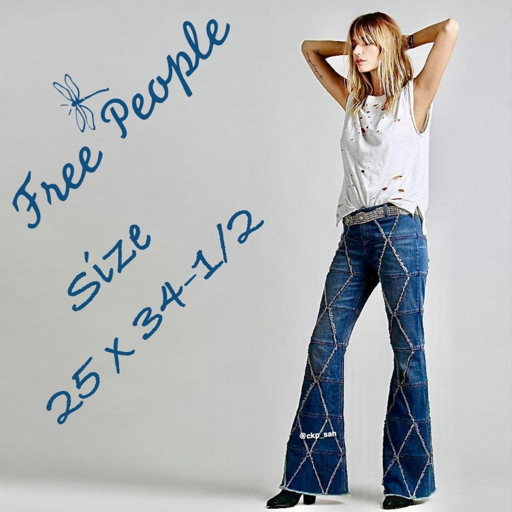 Free People Blue Patchwork Flare Jeans